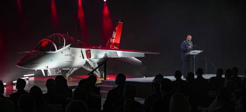 Lt. Gen. Richard M. Clark, U.S. Air Force Academy superintendent, speaks during the T-7A Red Hawk rollout ceremony April 28, 2022, at the Boeing facility in St. Louis, Mo.
