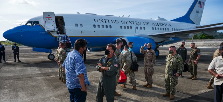  Adm. John Aquilino, commander of U.S. Indo-Pacific Command, says goodbye to Palau President Surangel Whipps Jr., left, during a February 2022 visit to the archipelagic country.
