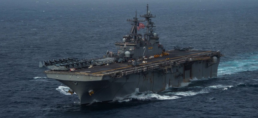 The amphibious assault ship USS Essex (LHD 2) transits the Arabian Sea, Sept. 13, 2021.
