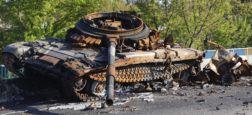 A tank in Mariupol, Ukraine, on May 7, 2022.