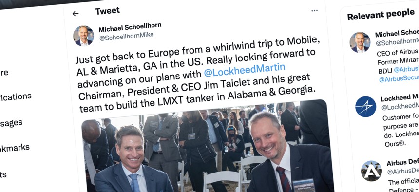 A Feb. 2 tweet shows Lockheed Martin CEO Jim Taiclet, left, and Airbus exec Michael Schoellhorn in Mobile, Alabama, to bolster political support for their companies' bid to build tankers for the U.S. Air Force.