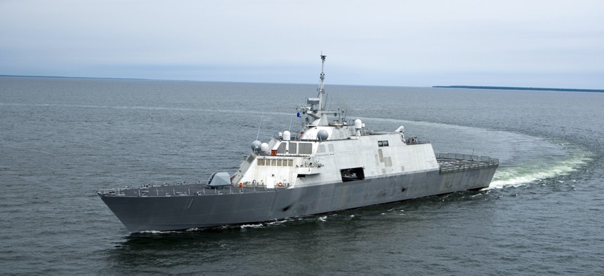 The first U.S. Navy Littoral Combat Ship, Freedom, is seen underway during trials in July 2008.