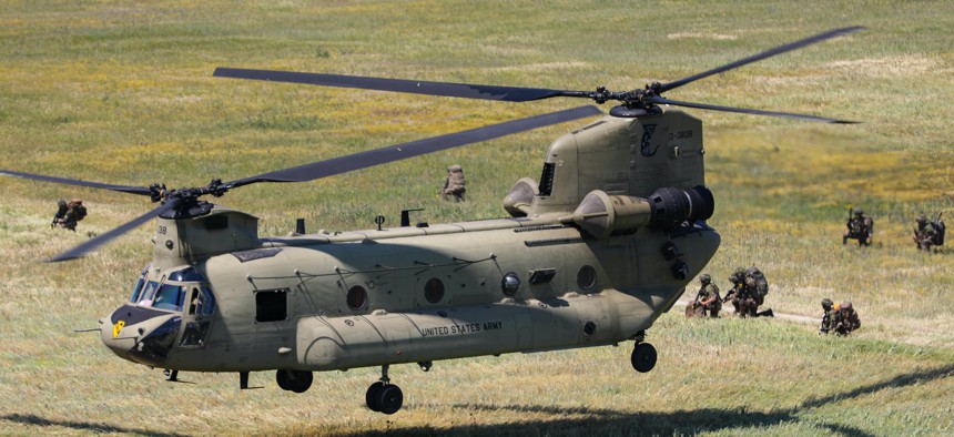 U.S. and NATO allies utilized CH-47 Chinooks from the 1st Air Cavalry Brigade for an Air Assault Operation during DV-Day as part of Exercise Swift Response on May 12, 2022, at Krivolak Training Area, North Macedonia. 