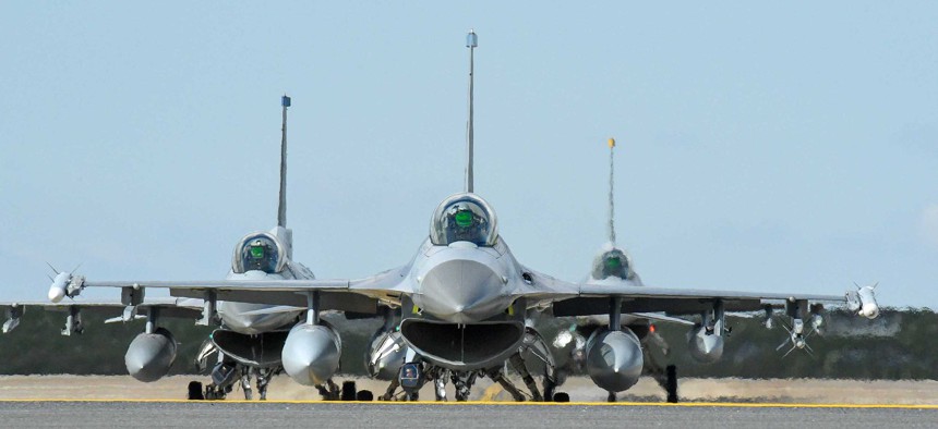 Three F-16s take part in a combat exercise at Hill Air Force Base, Utah, May 1, 2019.