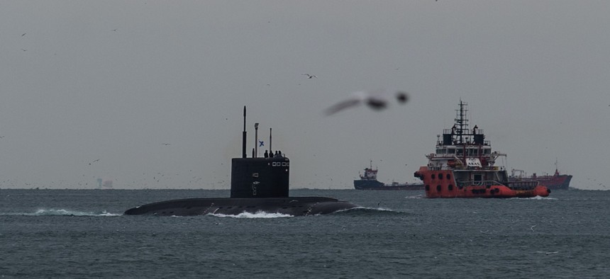 The Russian Navy’s Kilo-class submarine Rostov-na-Donu B-237 heads for the Black Sea on February 13, 2022.