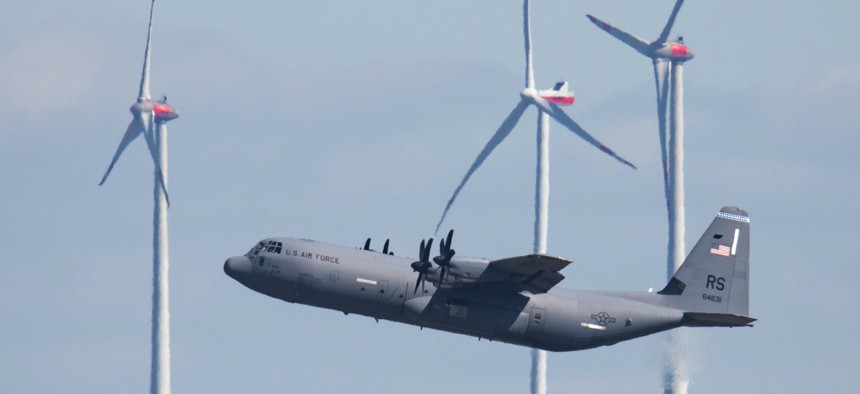 U.S. Air Force C-130J takes off from Ramstein Air Base in Rhineland-Palatinate, Germany, on May 13, 2022.