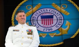 Coast Guard Commandant Adm. Karl L. Schultz hosts the 16th Gold Ancient Mariner change of watch at Coast Guard Headquarters in Washington, D.C., on July 17, 2020.