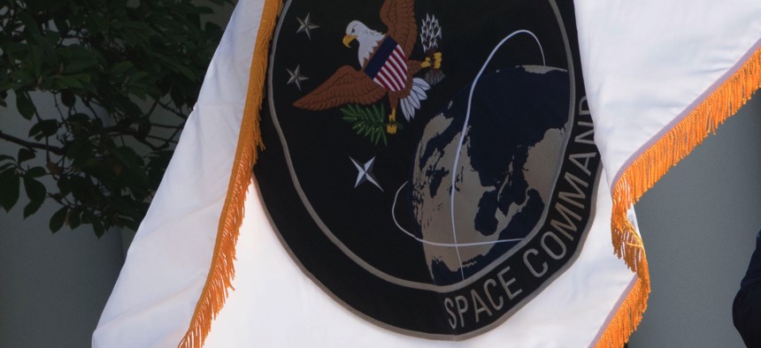 The flag of the new U.S. Space Command was unfurled at the White House in August 2019.