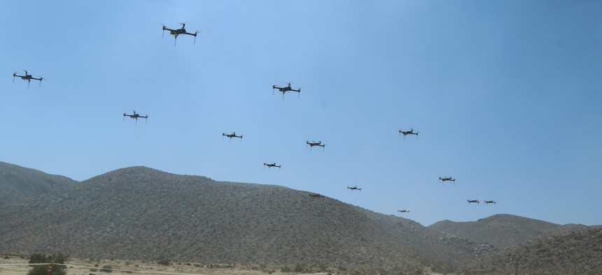 he 11th Armored Cavalry Regiment and the Threat Systems Management Office operate a swarm of 40 drones to test the rotational units capabilities during the battle of Razish, National Training Center on May 8th, 2019. 