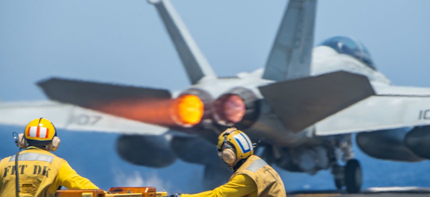 An F/A-18F Super Hornet attached to the “Red Rippers” of Strike Fighter Squadron (VFA) 11 launches from the flight deck of aircraft carrier USS Harry S. Truman (CVN 75), June 7, 2022. 