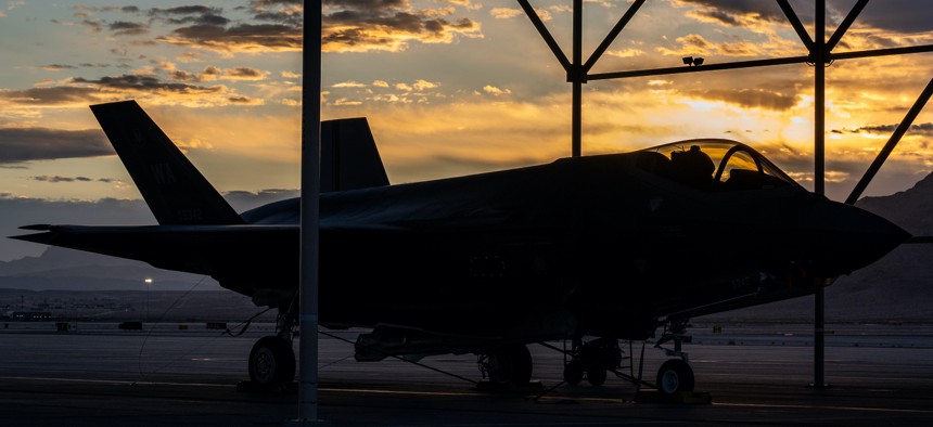 An F-35 Lightning, assigned to 57th Aircraft Maintenance Squadron, is parked on the flight line during sunrise at Nellis Air Force Base, Nevada, March 28, 2022.