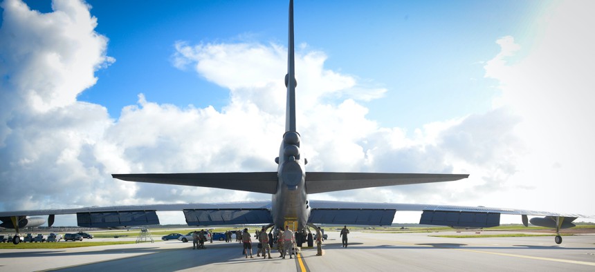 A U.S. Air Force B-52H Stratofortress bomber, deployed from Barksdale Air Force Base, La. lands at Andersen Air Base, Guam, July 4, 2020.