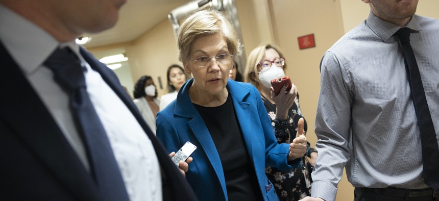 U.S. Sen. Elizabeth Warren (D-MA) talks to reporters prior to a Democratic policy luncheon at the U.S. Capitol on May 10, 2022 in Washington, DC. 
