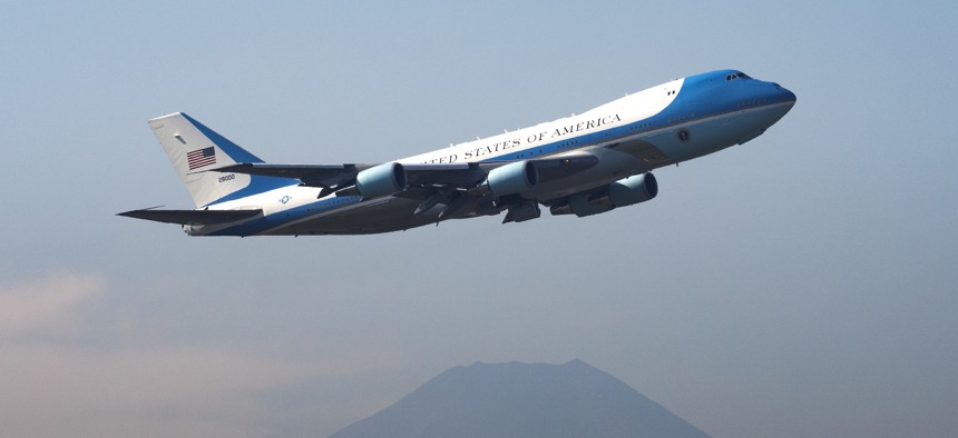 Air Force One takes off from Yokota Air Base in Japan in 2017.