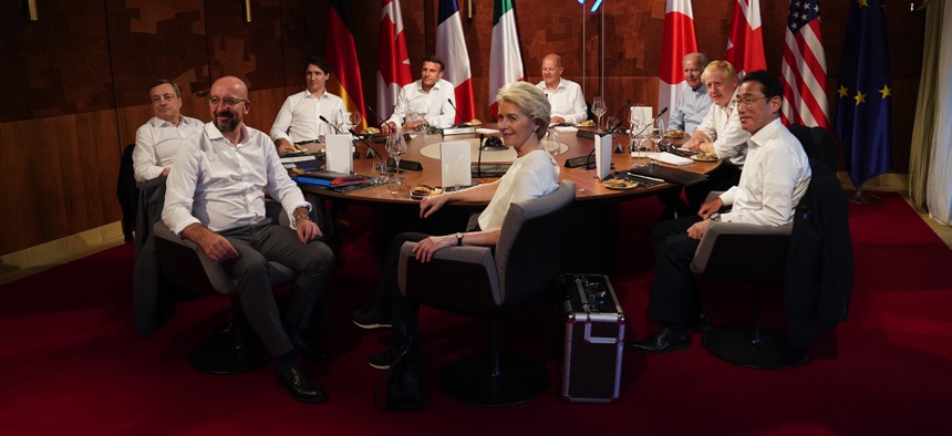 G7 leaders at a working session dinner during the G7 summit in Schloss Elmau, on June 26, 2022 near Garmisch-Partenkirchen, Germany. 