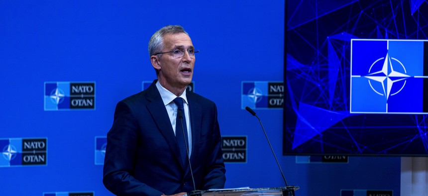 NATO Secretary General Jens Stoltenberg holds the closing press conference at NATO headquarters during the second of two days of defence ministers' meetings on June 16, 2022, in Brussels, Belgium.