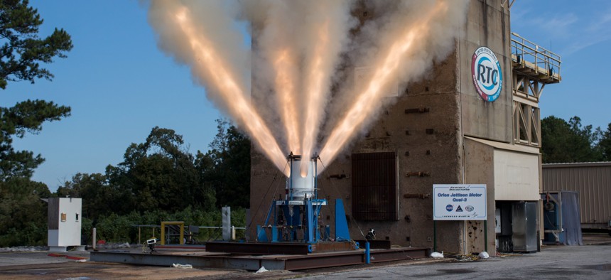 The jettison motor built by Aerojet Rocketdyne for the Launch Abort System on NASA's Orion spacecraft was tested at U.S. Army Redstone Test Center in 2019.
