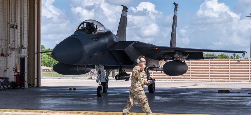 Staff Sgt. Jackson Carroll, Florida Air National Guard's 125th Fighter Wing, Detachment 1, Crew Cheif, gives the final thumbs up indicating the pre-flight checklist is complete for an F-15C before taking off at Homestead Air Reserve Base, Florida in support of North American Aerospace Defense Command's (NORAD) Operation Noble Defender (OND), June 30, 2022. 