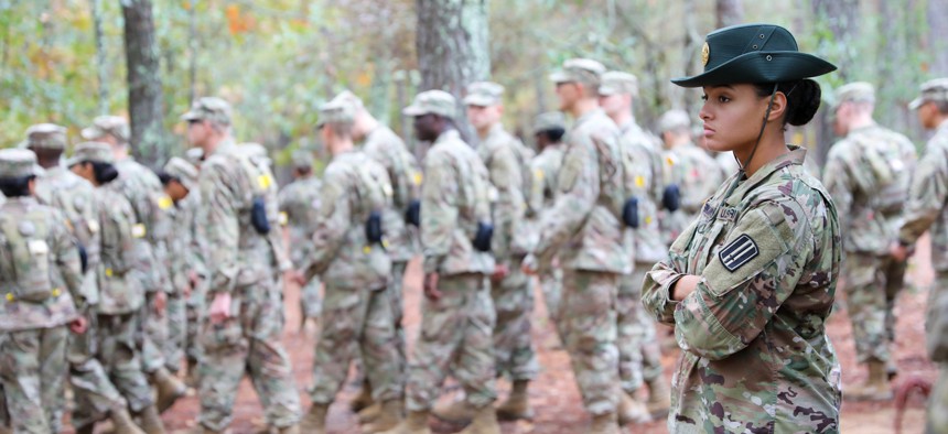 A drill sergeant watches over Basic Combat Training recruits at Fort Jackson, South Carolina.