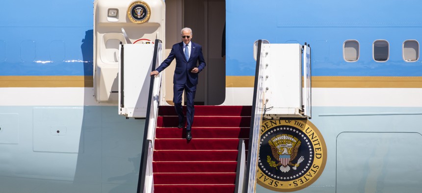 US President Joe Biden disembarks Air Force One upon landing at Ben Gurion Airport for a state visit to Israel on July 13, 2022.