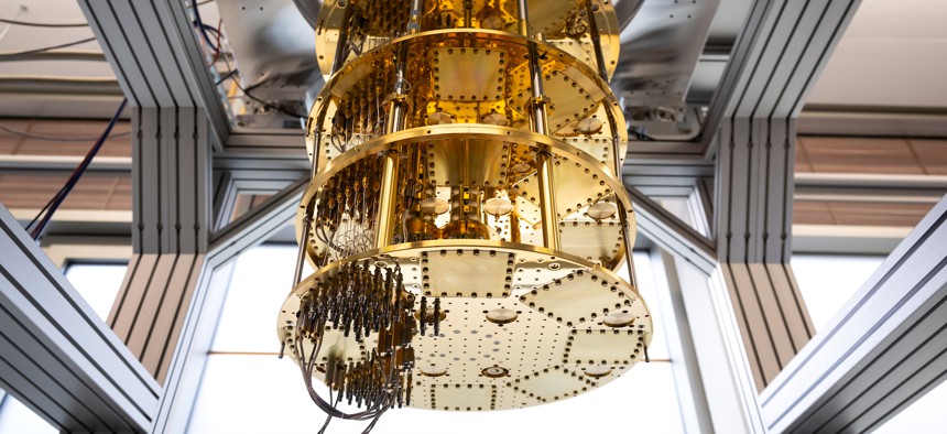 14 July 2022, Bavaria, Garching: A cryostat from a quantum computer stands during a press tour of the Leibniz Computing Center. 