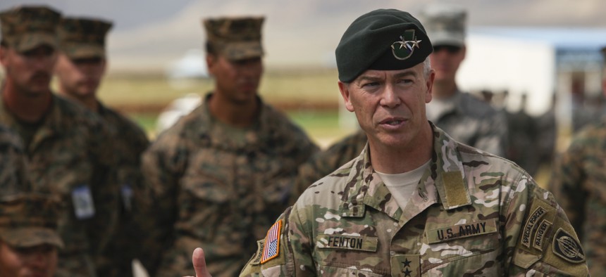 .S. Army Lt. Gen Bryan P. Fenton speaks to U.S. Armed Forces service members at the closing ceremony of Exercise Khaan Quest 2017 at Five Hills Training Area, Mongolia, August 5, 2017