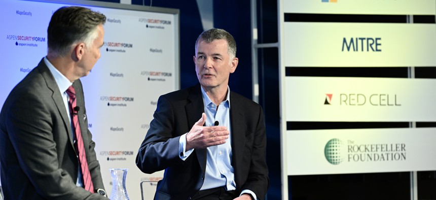 Richard Moore, chief of the United Kingdom's Secret Intelligence Service, speaks to CNN's Jim Scuitto (left) during the 2022 Aspen Security Forum.