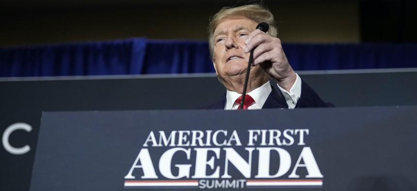 Former U.S. President Donald Trump speaks during the America First Agenda Summit, at the Marriott Marquis hotel July 26, 2022 in Washington, DC. 