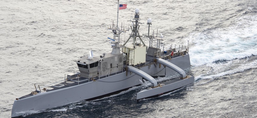 The medium displacement unmanned vessel Sea Hunter transits the Pacific Ocean to participate in Exercise Rim of the Pacific (RIMPAC) 2022. 