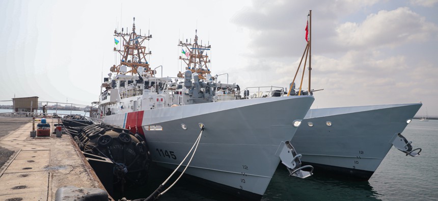 U.S. Coast Guard Fast response cutters Emlen Tunnell (WPC 1145) and Glen Harris (WPC 1144) moored pierside at the Port of Djibouti, Feb. 20, 2022. 