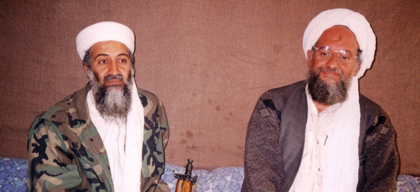 In this undated photo, Osama bin Laden, left, sits with adviser Ayman al-Zawahiri during an interview with a Pakistani journalist at an undisclosed location in Afghanistan.