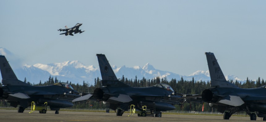 A U.S. Air Force F-16 Fighting Falcon assigned to the 13th Fighter Squadron, Misawa Air Base, Japan, takes off during Red Flag-Alaska 22-3 at Eielson Air Force Base, Alaska, July 29, 2022. 