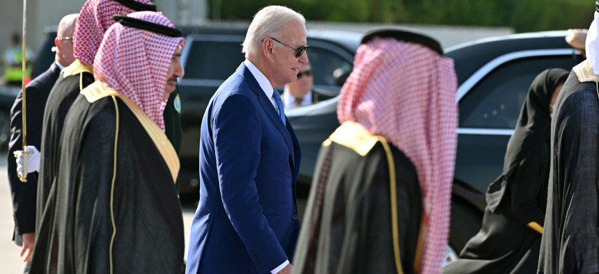 U.S. President Joe Biden boards Air Force One before departing from King Abdulaziz International Airport in the Saudi city of Jeddah on July 16, 2022, at the end of his first tour in the Middle East as president. 