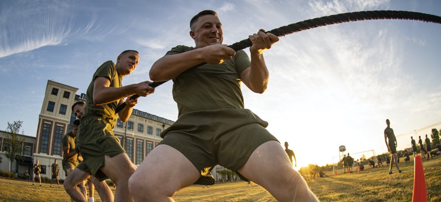 Marines with Marine Forces Reserve pull a rope at Marine Corps Support Facility New Orleans, March 29, 2019, during a Total Force Fitness event.
