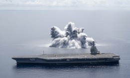 The USS Gerald R. Ford (CVN 78) undergoes a shock trial on June 18, 2021.
