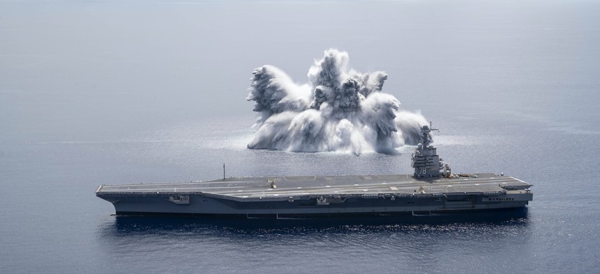 The USS Gerald R. Ford (CVN 78) undergoes a shock trial on June 18, 2021.