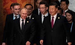 Russia's President Vladimir Putin (front L) and China's President Xi Jinping (C) in Beijing, China, on April 26, 2019. 
