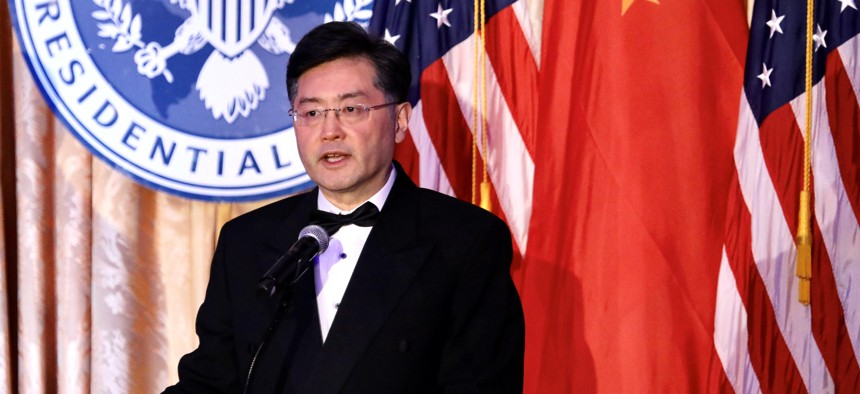 Chinese Ambassador to the United States Qin Gang addresses an event to commemorate the 50th anniversary of former U.S. President Richard Nixon's visit to China, in Yorba Linda, California, Feb. 24, 2022.