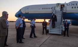 Defense Secretary Lloyd Austin III is greeted by defense attaché Capt. Manuel Picon and others on June 28, 2022, as he arrived in Madrid, Spain,for the NATO Summit. 