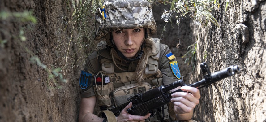 DONETSK, UKRAINE - AUGUST 15: A Ukrainian women soldier 28-year-old Svetlana, who served as a captain in the Ukrainian Armed Forces is seen on the frontline in Donbass, Donetsk, Ukraine on August 15, 2022. 