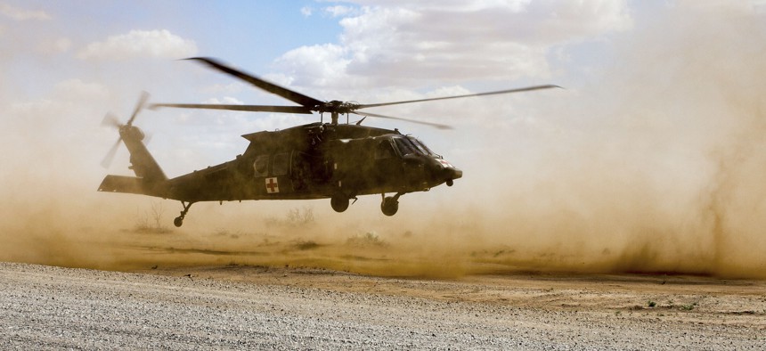 A UH-60 Black Hawk helicopter makes a landing as part of a casualty evacuation exercise conducted near Fort Bliss, Texas, March 28, 2018.