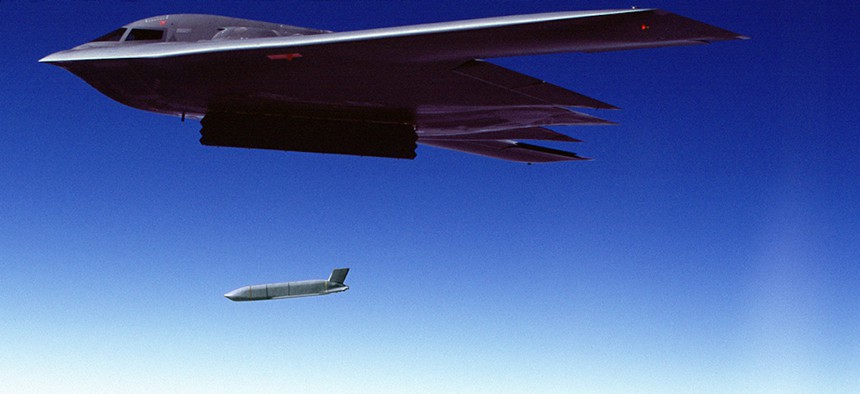 A B-2 launching a JASSM cruise missile.