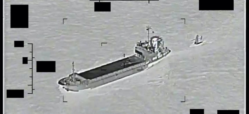 Screenshot of a video showing support ship Shahid Baziar, left, from Iran's Islamic Revolutionary Guard Corps Navy unlawfully towing a Saildrone Explorer unmanned surface vessel in international waters of the Persian Gulf, Aug. 30. 