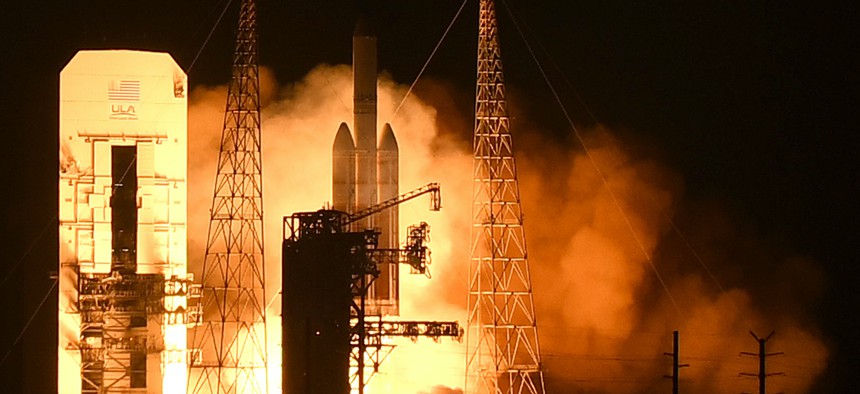 United Launch Alliance Delta IV-Heavy rocket launches from pad 37B at Cape Canaveral Air Force Station in 2020, carrying a classified spy satellite for the National Reconnaissance Office. 