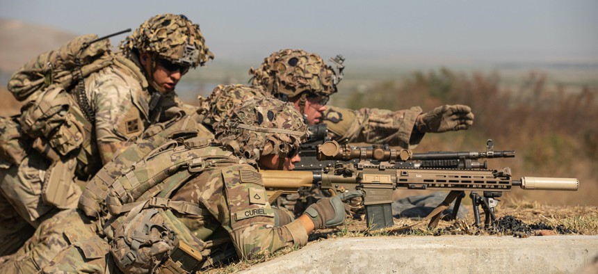 Soldiers assigned to Hardrock and Bulldog Company, 1st Battalion, 502nd Infantry Regiment, 2nd Brigade Combat Team, 101st Airborne Division (Air Assault), conduct Air Assault Operations in conjunction with a Support by Fire Live Fire Exercise on August 29, 2022, at Babadag Training Area, Romania.