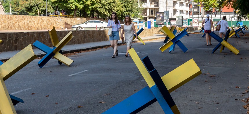 Roadblocks in a residential area of Odessa, Ukraine, on September 5, 2022.