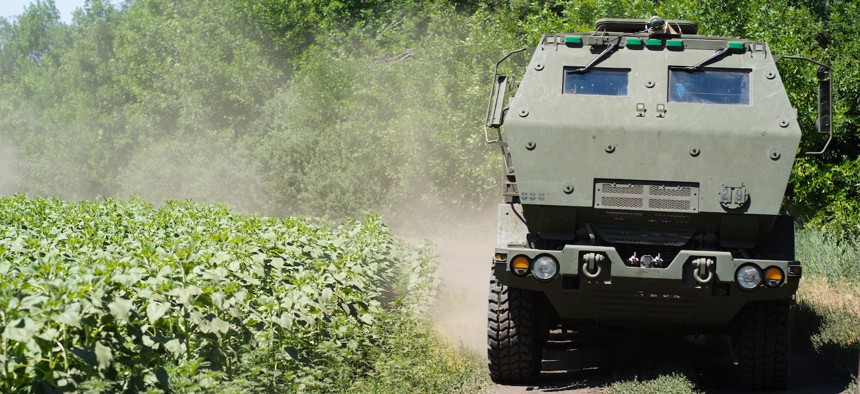 HIMARS vehicle as seen driving on the road in Eastern Ukraine on July 1, 2022. 