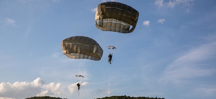 U.S. Soldiers assigned to 173rd Airborne Brigade conduct a jump during Saber Junction 22 in Hohenfels, Germany, Sept. 7, 2022. 