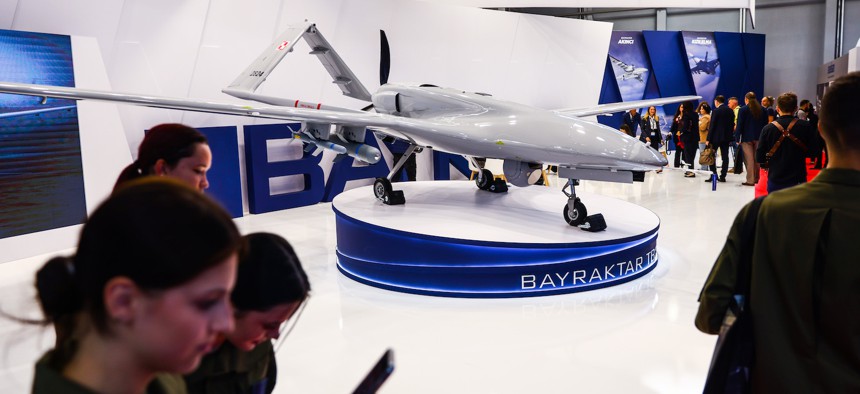 Bayraktar TB2 drone is seen at the 30th International Defence Industry Exhibition MSPO in Kielce, Poland on September 6, 2022.