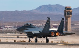 An F-15EX Eagle II Fighter Jet assigned to the 40th Flight Test Squadron, Eglin Air Force Base, Florida, takes off from Nellis Air Force Base, Nevada, Oct. 21, 2021.